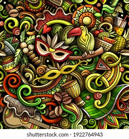 Cartoon doodles Brazil seamless pattern. Backdrop with Brazilian culture symbols and items. Colorful detailed background for print on fabric, textile, greeting cards, phone cases, scarves