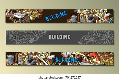 Cartoon doodles Building set of banners with lot objects and tools , vector illustration