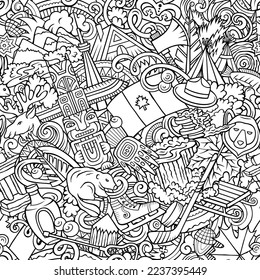 Cartoon doodles Canada seamless pattern. Backdrop with local Canadian culture symbols and items. Sketchy background for print on fabric, textile, greeting cards, scarves, wallpaper