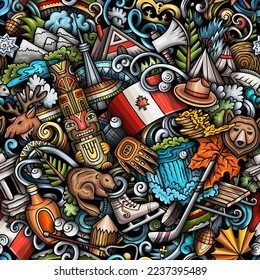 Cartoon doodles Canada seamless pattern. Backdrop with local Canadian culture symbols and items. Colorful background for print on fabric, textile, greeting cards, scarves, wallpaper