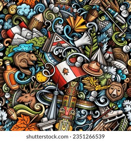 Cartoon doodles Canada seamless pattern. Backdrop with local Canadian culture symbols and items. Colorful background for print on fabric, textile, greeting cards, scarves, wallpaper