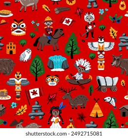 Cartoon doodles Canada seamless pattern. Backdrop with Canadian symbols
