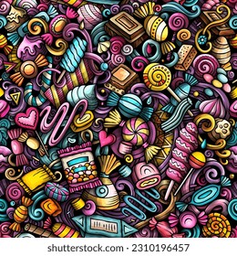 Cartoon doodles Candies seamless pattern. Backdrop with confectionery symbols and items. Colorful detailed background for print on fabric, textile, phone cases, wrapping paper.