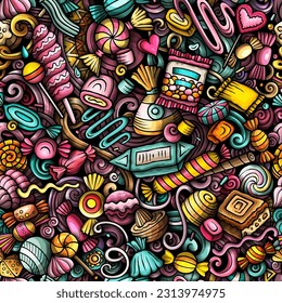 Cartoon doodles Candies seamless pattern. Backdrop with confectionery symbols and items. Colorful detailed background for print on fabric, textile, phone cases, wrapping paper.