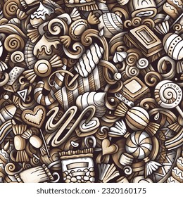 Cartoon doodles Candies seamless pattern. Backdrop with confectionery symbols and items. Monochrome detailed background for print on fabric, textile, phone cases, wrapping paper.