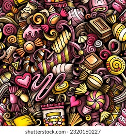 Cartoon doodles Candies seamless pattern. Backdrop with confectionery symbols and items. Colorful detailed background for print on fabric, textile, phone cases, wrapping paper.