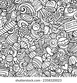 Cartoon doodles Candies seamless pattern. Backdrop with confectionery symbols and items. Sketchy detailed background for print on fabric, textile, phone cases, wrapping paper.