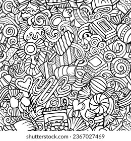 Cartoon doodles Candies seamless pattern. Backdrop with confectionery symbols and items. Sketchy detailed background for print on fabric, textile, phone cases, wrapping paper.