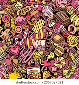 Cartoon doodles Candies seamless pattern. Backdrop with confectionery symbols and items. Colorful detailed background for print on fabric, textile, phone cases, wrapping paper.