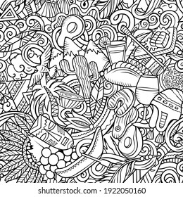 Cartoon doodles Chile seamless pattern. Backdrop with Chilian culture symbols and items. Sketchy detailed background for print on fabric, textile, greeting cards, phone cases, scarves, wrapping paper