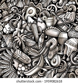Cartoon doodles Chile seamless pattern. Backdrop with Chilian culture symbols and items. Monochrome detailed, with lots of objects background for print on fabric, textile, phone cases, wrapping paper.