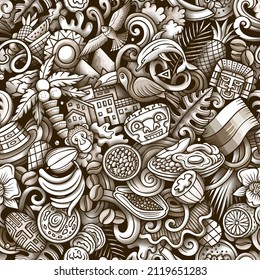 Cartoon doodles Colombia seamless pattern. Backdrop with Colombian culture symbols and items. Monochrome background for print on fabric, textile, greeting cards, scarves, wallpaper