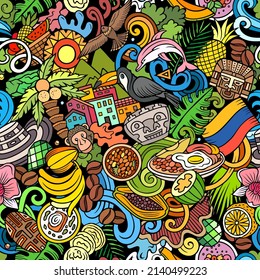 Cartoon doodles Kolumbien nahtloses Muster. Hintergrund mit kolumbianischen Kultursymbolen und -artikeln. Farbiger Hintergrund für Stoffdruck, Textilien, Grußkarten, Schals, Tapeten
