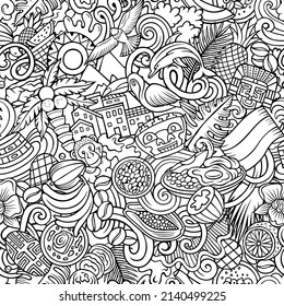 Cartoon Doodles Colombia Seamless Pattern. Backdrop With Colombian Culture Symbols And Items. Sketchy Background For Print On Fabric, Textile, Greeting Cards, Scarves, Wallpaper