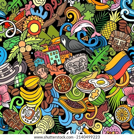 Cartoon doodles Colombia seamless pattern. Backdrop with Colombian culture symbols and items. Colorful background for print on fabric, textile, greeting cards, scarves, wallpaper