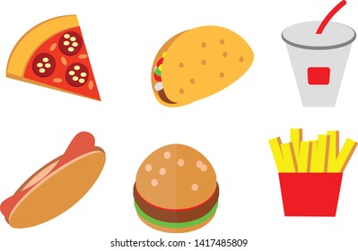 Cartoon doodles color flat fast food icons design cafe menu