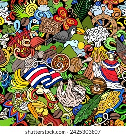 Cartoon doodles Costa Rica seamless pattern. Backdrop with Central America culture symbols and items. Colorful background for fabric, greeting cards, wallpaper