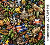 Cartoon doodles Cuba seamless pattern. Backdrop with local Cuban culture symbols and items. Colorful background for print on fabric, textile, greeting cards, scarves, wallpaper