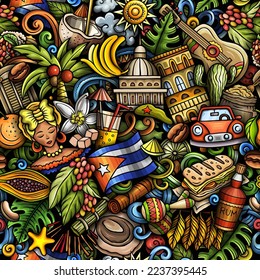 Cartoon doodles Cuba seamless pattern. Backdrop with local Cuban culture symbols and items. Colorful background for print on fabric, textile, greeting cards, scarves, wallpaper