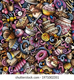 Cartoon doodles Desserts seamless pattern. Backdrop with sweet food symbols and items. Colorful detailed background for print on fabric, textile, phone cases, wrapping paper.