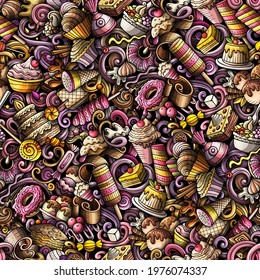 Cartoon doodles Desserts seamless pattern. Backdrop with sweet food symbols and items. Colorful detailed background for print on fabric, textile, phone cases, wrapping paper.