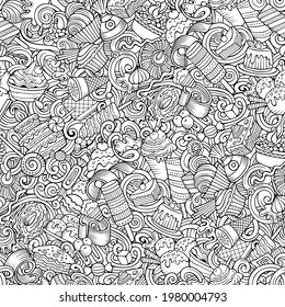 Cartoon doodles Desserts seamless pattern. Backdrop with sweet food symbols and items. Sketchy detailed background for print on fabric, wrapping paper, colring books.