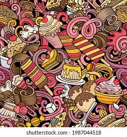 Cartoon doodles Desserts seamless pattern. Backdrop with sweet food symbols and items. Colorful detailed background for print on fabric, textile, phone cases, wrapping paper.