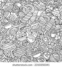 Cartoon doodles Desserts seamless pattern. Backdrop with sweet food symbols and items. Sketchy detailed background for print on fabric, wrapping paper, colring books.