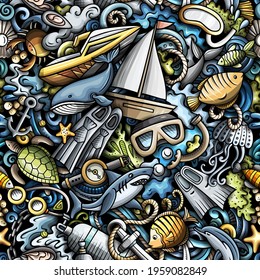 Cartoon doodles Diving seamless pattern. Backdrop with snorkeling symbols and items. Colorful detailed background for print on fabric, textile, phone cases, wrapping paper. All objects separate.