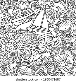 Cartoon doodles Diving seamless pattern. Backdrop with snorkeling symbols and items. Line art detailed background for print on fabric, textile, phone cases, wrapping paper. All objects separate.