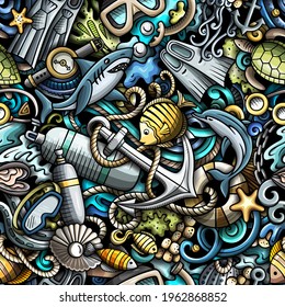 Cartoon doodles Diving seamless pattern. Backdrop with snorkeling symbols and items. Colorful detailed background for print on fabric, textile, phone cases, wrapping paper. All objects separate.