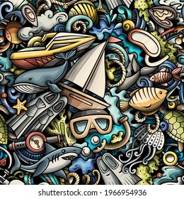 Cartoon doodles Diving seamless pattern. Backdrop with snorkeling symbols and items. Colorful detailed background for print on fabric, textile, phone cases, wrapping paper. All objects separate.