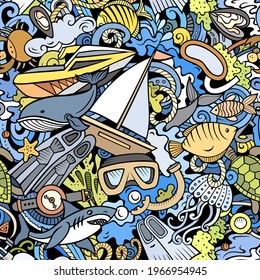 Cartoon doodles Diving seamless pattern. Backdrop with snorkeling symbols and items. Colorful detailed background for print on fabric, textile, phone cases, wrapping paper. All objects separate.