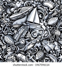 Cartoon doodles Diving seamless pattern. Backdrop with snorkeling symbols and items. Monochrome detailed background for print on fabric, textile, phone cases, wrapping paper. All objects separate.