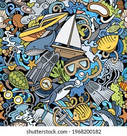 Cartoon doodles Diving seamless pattern. Backdrop with snorkeling symbols and items. Colorful detailed background for print on fabric, textile, phone cases, wrapping paper. All objects separate.