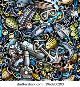 Cartoon doodles Diving seamless pattern. Backdrop with snorkeling symbols and items. Colorful detailed background for print on fabric, textile, phone cases, wrapping paper. All objects separate.