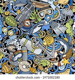 Cartoon doodles Diving seamless pattern. Backdrop with snorkeling symbols and items. Colorful detailed background for print on fabric, textile, phone cases, wrapping paper. All objects separate.