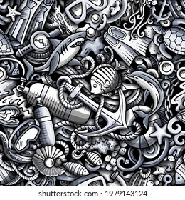 Cartoon doodles Diving seamless pattern. Backdrop with snorkeling symbols and items. Monochrome detailed background for print on fabric, textile, phone cases, wrapping paper. All objects separate.