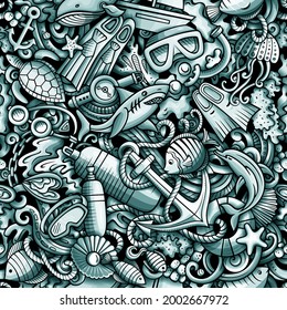 Cartoon doodles Diving seamless pattern. Backdrop with snorkeling symbols and items. Monochrome detailed background for print on fabric, textile, phone cases, wrapping paper. All objects separate.