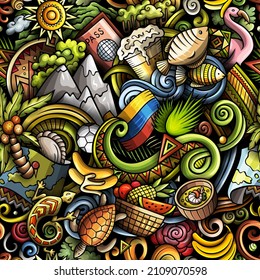 Cartoon doodles Ecuador seamless pattern. Backdrop with Ecuadorian culture symbols and items. Colorful background for print on fabric, textile, greeting cards, scarves, wallpaper