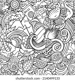 Cartoon doodles Ecuador seamless pattern. Backdrop with Ecuadorian culture symbols and items. Sketch background for print on fabric, textile, greeting cards, scarves, wallpaper