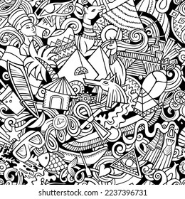 Cartoon doodles Egypt seamless pattern. Backdrop with local Egyptian culture symbols and items. Colorful background for print on fabric, textile, greeting cards, scarves, wallpaper