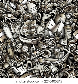 Cartoon doodles Egypt seamless pattern. Backdrop with local Egyptian culture symbols and items. Monochrome background for print on fabric, textile, greeting cards, scarves, wallpaper