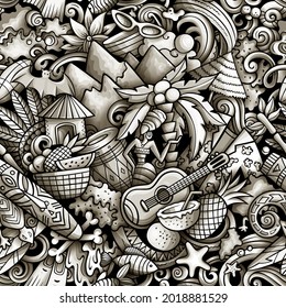 Cartoon doodles Figi seamless pattern. Monochrome detailed, with lots of objects background for print on fabric, textile, greeting cards, scarves, wrapping paper. All objects separate.