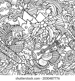 Cartoon doodles Figi seamless pattern. Sketchy detailed, with lots of objects background for print on fabric, textile, greeting cards, scarves, wrapping paper. All objects separate.