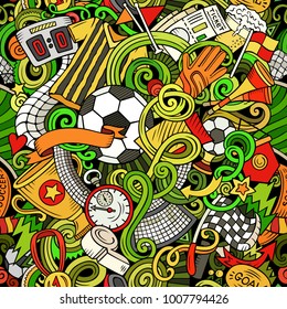 Cartoon doodles Football seamless pattern. Background with Soccer subjects and symbols. All objects are separate