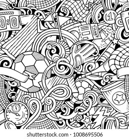 Cartoon doodles Football seamless pattern. Background with Soccer subjects and symbols. All objects are separate