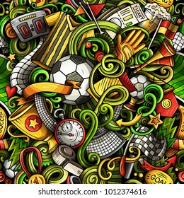 Cartoon doodles Football seamless pattern. Background with Soccer subjects and symbols. All objects are separate