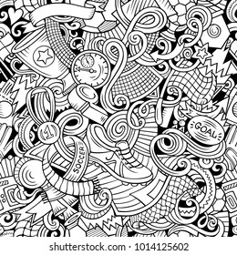 Cartoon doodles Football seamless pattern. Background with Soccer subjects and symbols. All objects are separate