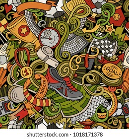 Cartoon doodles Football seamless pattern. Background with Soccer subjects and symbols. All objects are separate